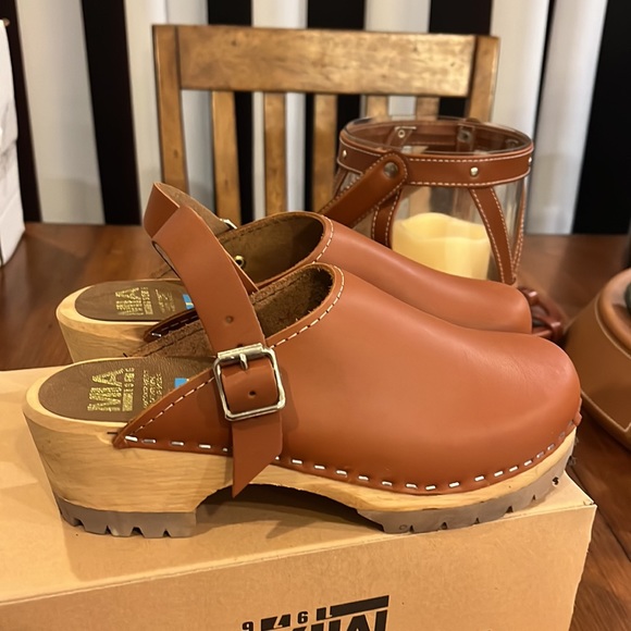 Mia Ebba Lug Leather Swedish Anatomisk Clogs Shoes Luggage Womens Size 7 Euro 37 - Picture 3 of 12